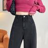 Black and Gray Wide-leg Jeans for Women In Spring and Autumn New Embroidered Design High-waist Loose Slim Straight-leg Mopping Pants