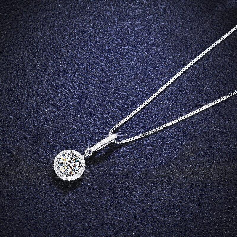 Silver Plated Round Brilliant CZ Halo Pendant Necklace, Diamond Simulant Box Chain Necklace for Women