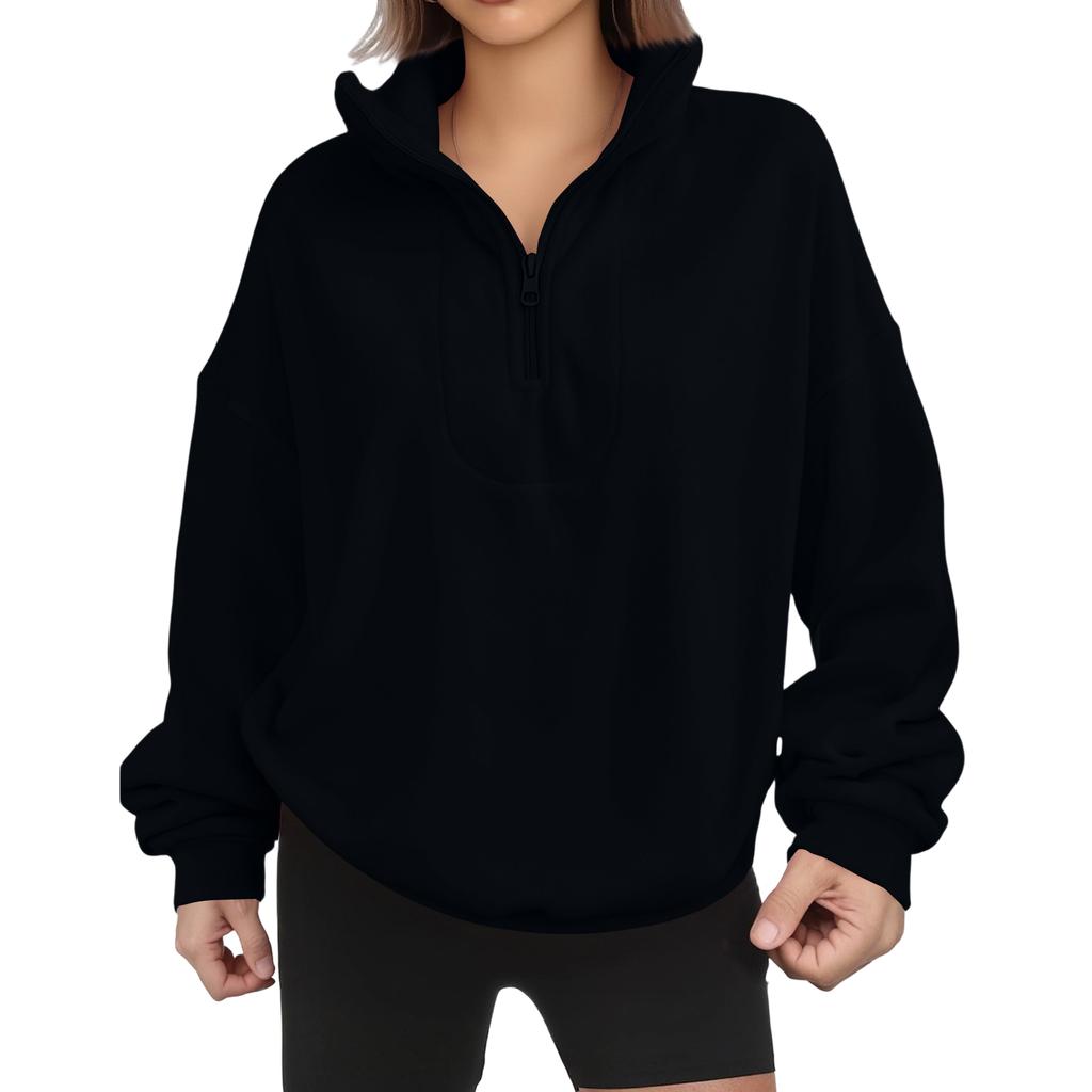 Women's Fashion Fleece-Lined Loose Pullover Solid Color Zipper Long-Sleeve Sweatshirt