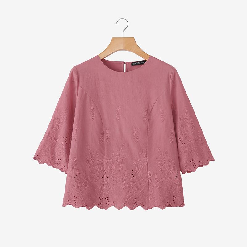 ZANZEA Women Casual Round Neck 3/4 Sleeve Embroidery Loose Blouse