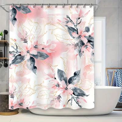 Luxury Watercolor Floral Shower Curtain Pink Black Decorative Bathroom Fabric Waterproof Liner for Bathtub or Knees High Hangers