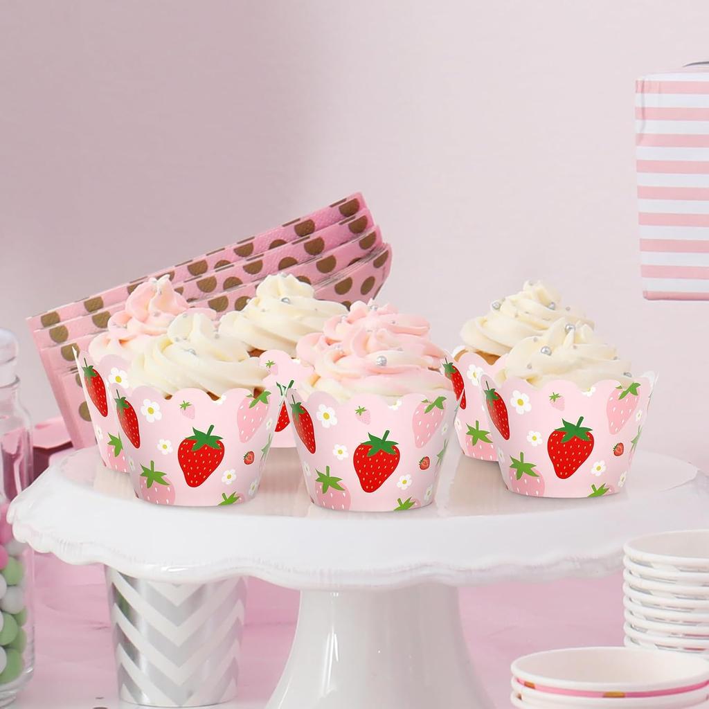 Whaline 36Pcs Strawberry Cupcake Wrappers Red Pink Strawberry Flower Cupcake Liners Decorative Cupcake Holders for Birthday Baby Shower Party Cake