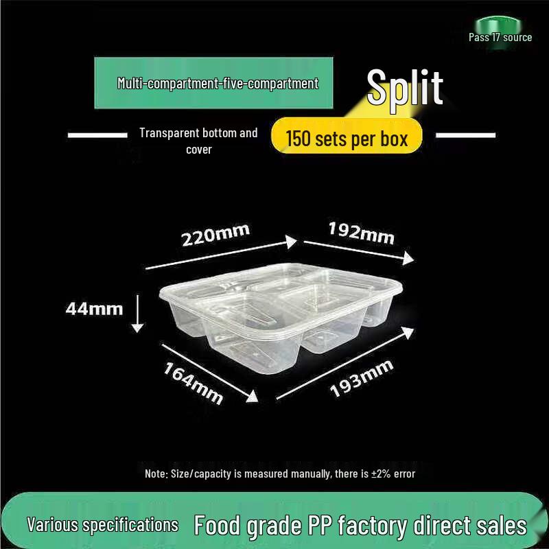 Tongyuan Disposable 5-Compartment Clear Food Containers with Lids 150 Sets/Box