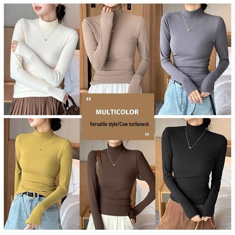 Elegantní dámské pletené tričko s polozvýšeným krkem - Lehký luxus, s dlouhým rukávem a tenké na podzim/jaro.