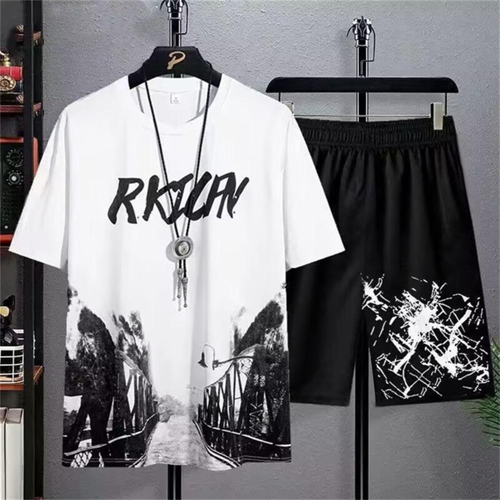 Summer 3d Print Men Tracksuits Casual 2 Piece Set For Men Plus Size O Neck Men's T Shirt Shorts Set Sleeve Leisure Men Outfit
