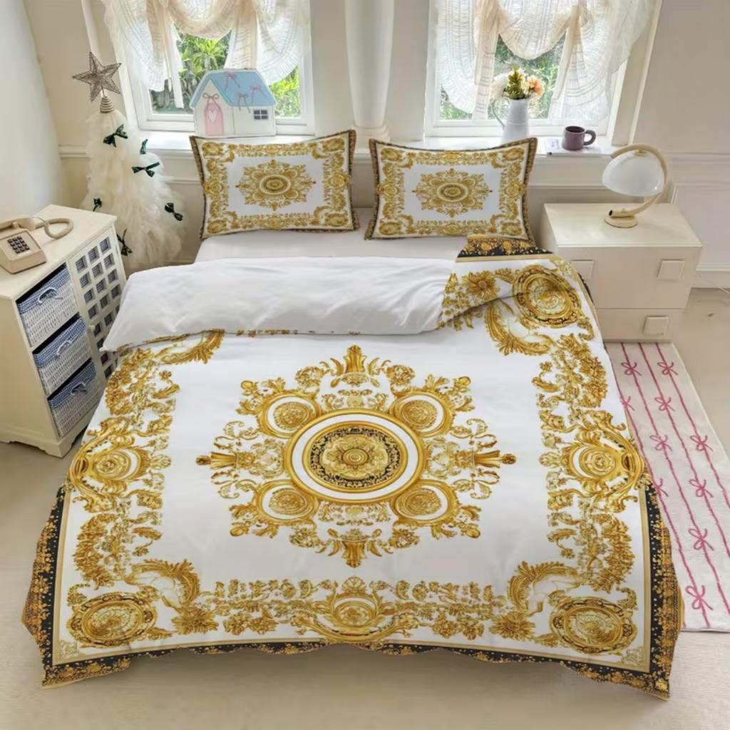 3-teiliges Luxus-Bettwäsche-Set mit goldenem geometrischem Druck, Barock-Bettbezug-Set für Zuhause, Studentenwohnheim-Dekoration, Einzel-, King-, Queen-Größe 228x228
