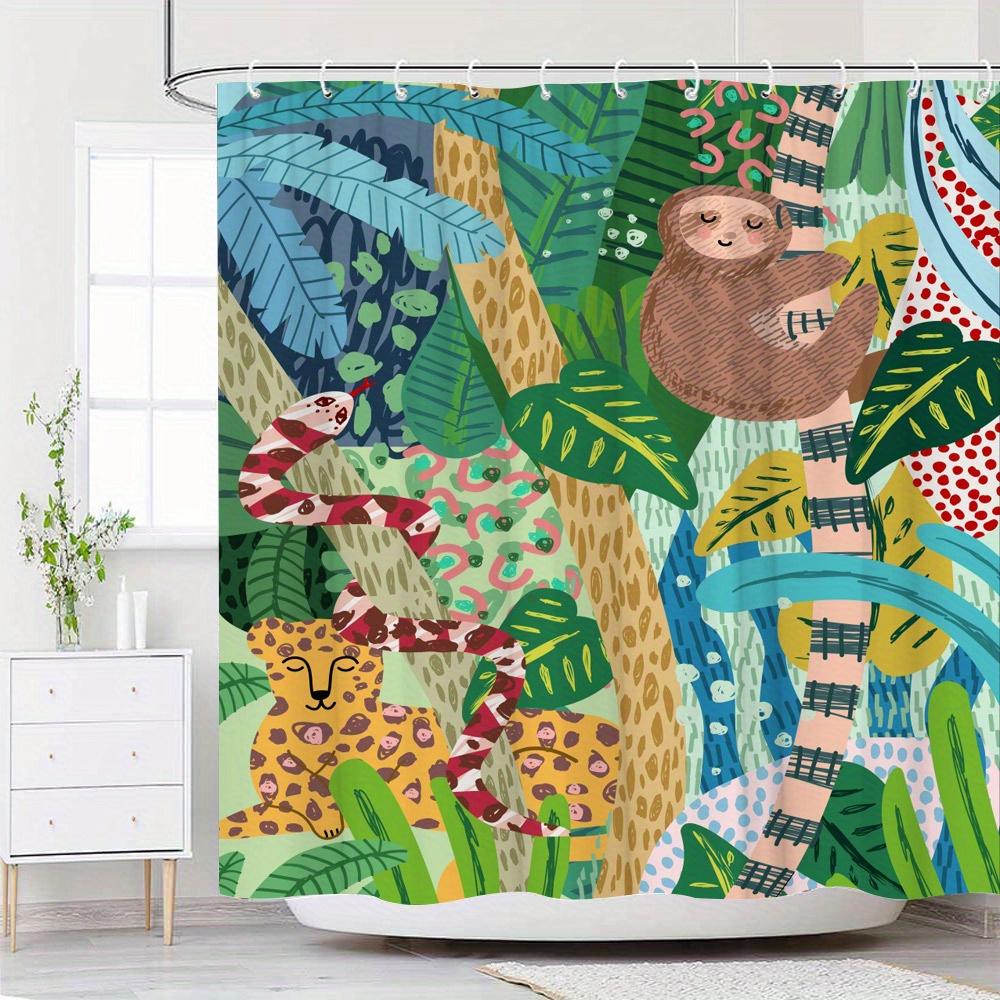 Happy Adults Toys Tropical Jungle With Sloth And Leopard Waterproof Shower Curtain For Bathroom Decor, Unique Art Design, Vibrant Colors