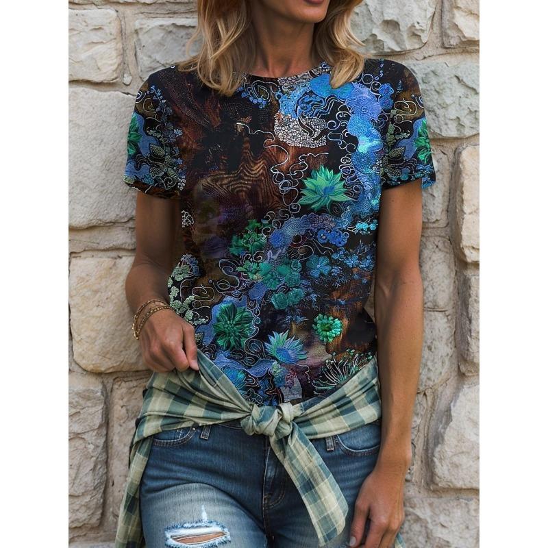 Retro Floral Print Damen T-Shirt Sommer Locker Lässig Kurzarm Tees Oberteile Kleidung Mehrere Stile und Größen zur Auswahl