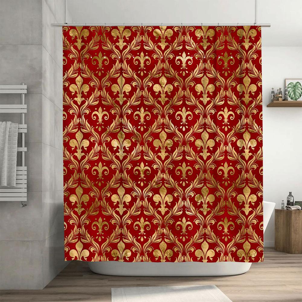 Luxury Golden Floral Shower Curtain with Fleur De Lis Design for Bathroom Decoration Red and Gold Pattern Print Waterproof Fabri