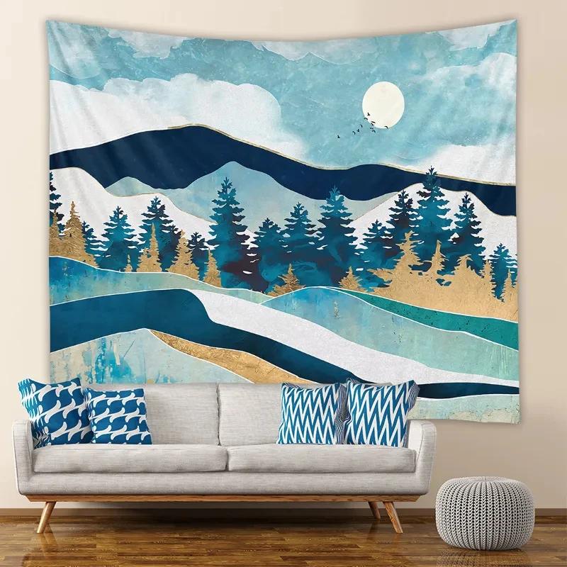 Abstract Mountain Geometric Print Tapestry Ins Sun Forest Landscape Wall Hanging Tapestry Home Bedroom Living Room Decoration