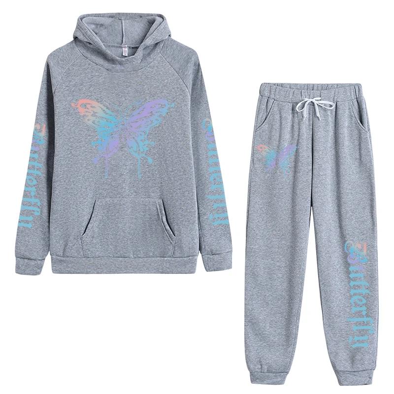 Arrival Woman Tracksuit Hooded Sweatshirt Jogger Pants Autumn Winter Daily Casual Sporty Hoodies Outfit Butterfly Print