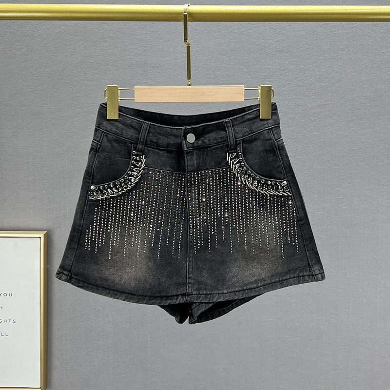 

Goods Diamond-Embedded Denim Short Culotte Women s Trendy New Arrival Spring Summer High Waist Slimming False Two-Piece Wide-Leg Hot Pants 2025 Black XL