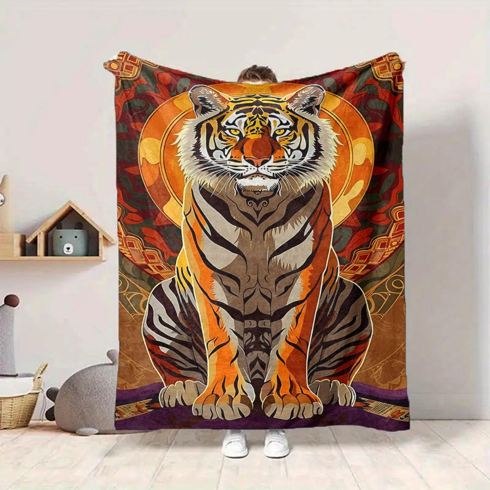1pc Tiger Print Blanket, Lightweight Flannel Fleece with Digital Printing, Soft Warm for Sofa, Travel, Camping, Office, Couch, Chair, and Bed, All-Sea