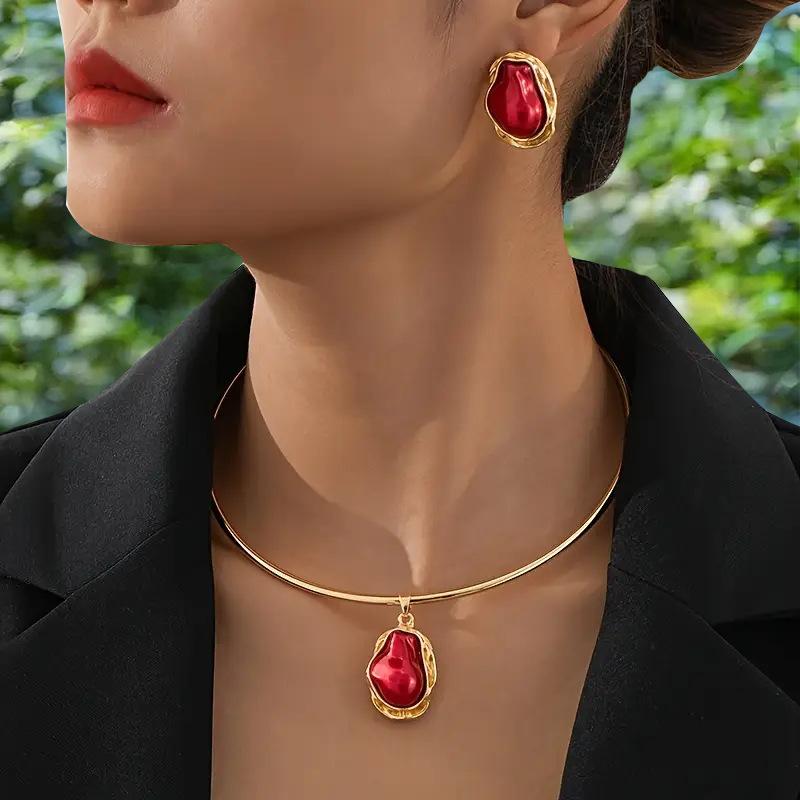 Burgundy Imitation Pearl Baroque Stud Earrings Collar Set High Value Light Luxury Niche Versatile Temperament