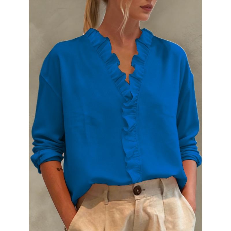 Neue Damen Freizeitbluse mit Spitze, Rüschen und V-Ausschnitt, langärmlig