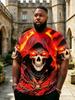 Men'S Dark Style Casual T-Shirt, Hooded Grim Reaper Skull with Chain And Flame Ombre Design, Perfect for Halloween Outings, Dark Theme Bar Gatherings