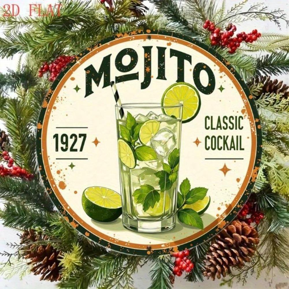 Vintage plechová cedule Mojito koktejl, kulatá, rustikální dekorace na stěnu