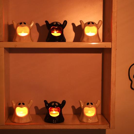 Halloween Ghost Candle Holder with LED Candle, Cute Tea Light Tabletop Decoration Holder, Spooky for Indoor Home Decor, Holiday Party Supplies Shaped