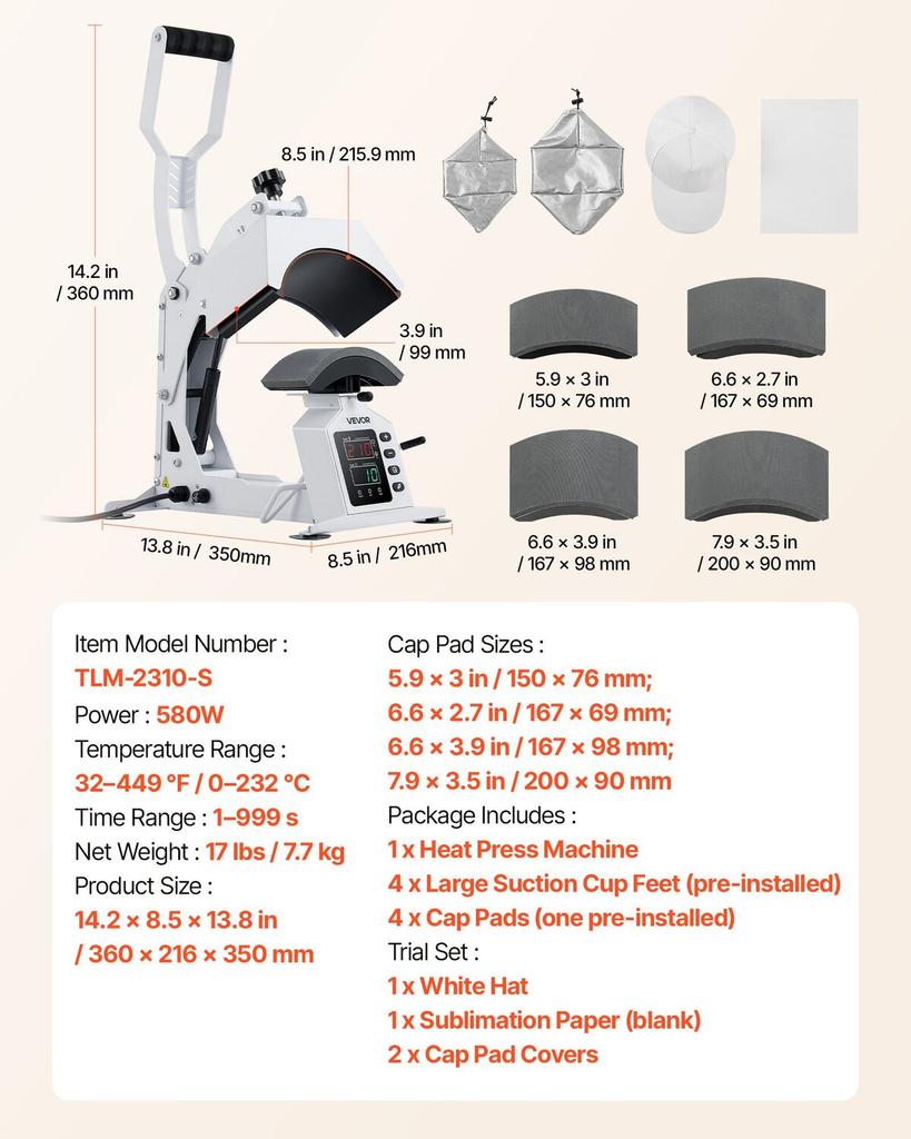 Hat Heat Press Machine, with 4 Interchangeable Platens and Caps Stretcher, Precise Temperature & Time Control, Heat Press for Hats and Caps, for HTV
