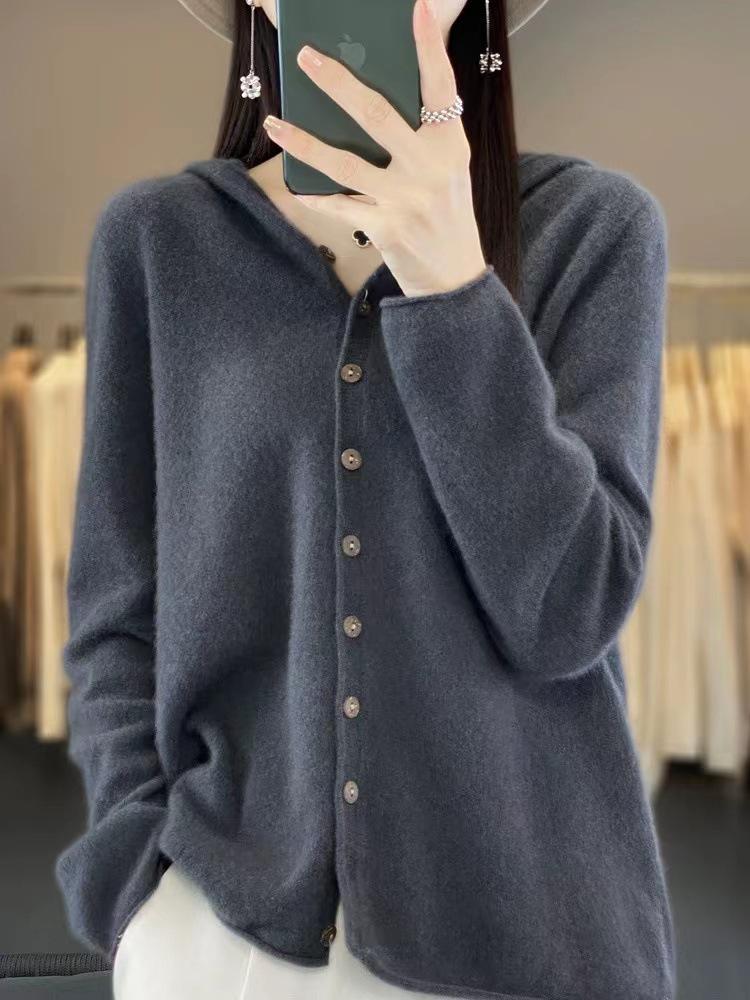 Women's 2023 Wool Knit Hooded Cardigan - Long Sleeve, Loose Fit, Hong Kong Style for Autumn/Winter