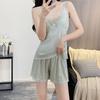 1011 new ice silk suspender pajamas women's three-piece lace edge sexy loungewear long-sleeved nightgown set
