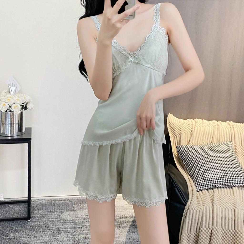 1011 new ice silk suspender pajamas women's three-piece lace edge sexy loungewear long-sleeved nightgown set