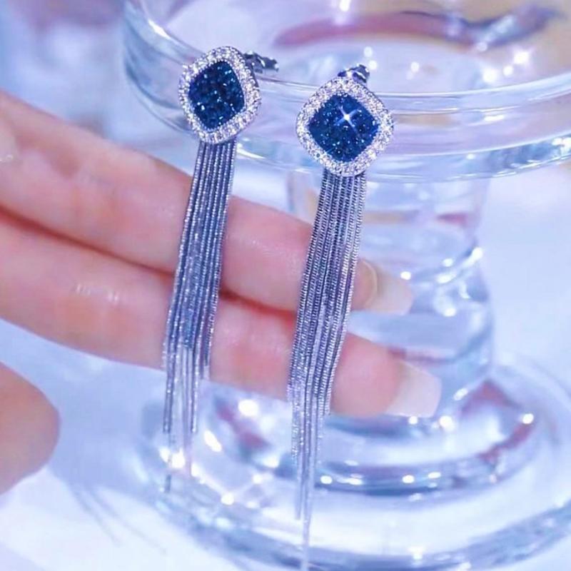 

Square Blue Zircon Silver Color Long Tassel Stud Earrings for Women New Elegant Delicate Charming Ladies Wedding Premium Gift