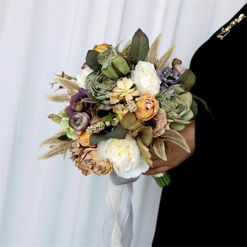 Artificial Flower Wedding Bouquet for Bride Bridesmaid Elegant Silk Flower Champagne Bridal Bouquet for Formal Occasion