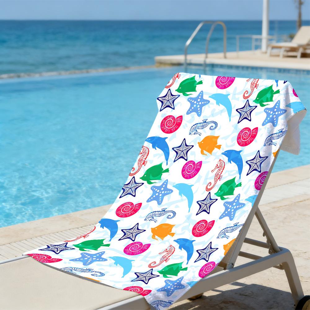 Vibrant Underwater Creatures Beach Towel – Soft Absorbent Microfiber with Seahorse & Seashell Print for Summer