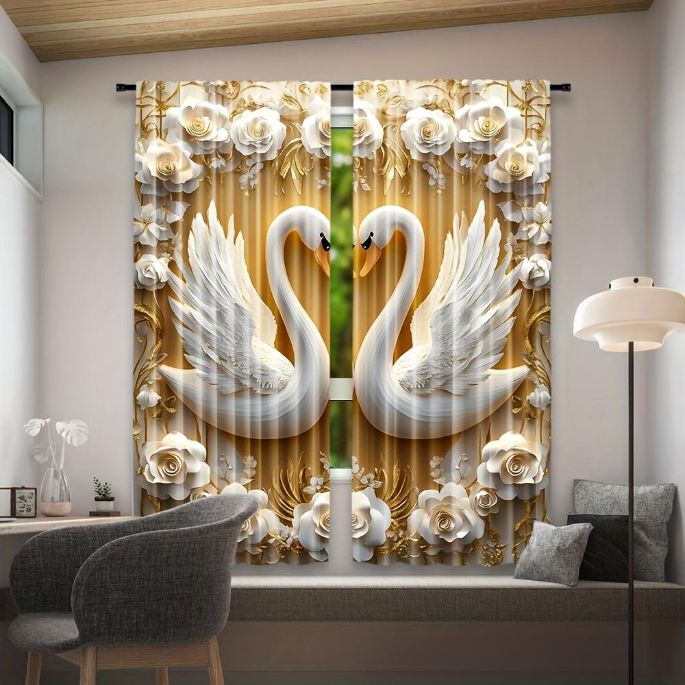 2pcs Elegant White Floral & Swan Curtains with Gold Accents – Rod Pocket Sheer for Living Room  Bedroom & Study   All-Season Decor