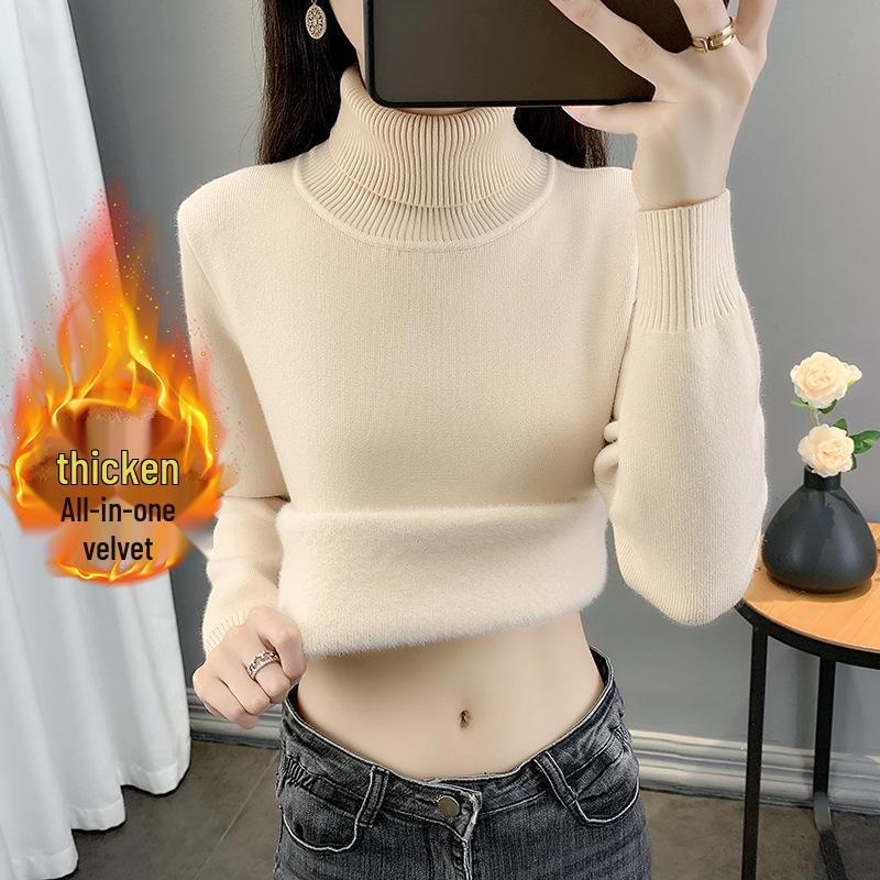 2025 Women's Fleece Knit Round Neck Sweater - Warm, Thick, Plus Velvet One-Piece Base Layer for Autumn/Winter