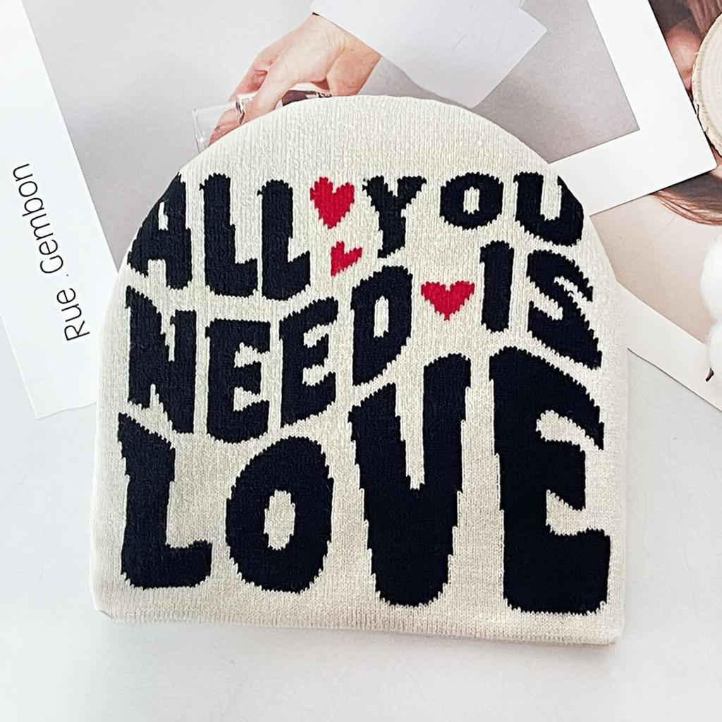 Color Simple Blocked Letter And Heart Pattern Women Casual Warm Hat Knitted