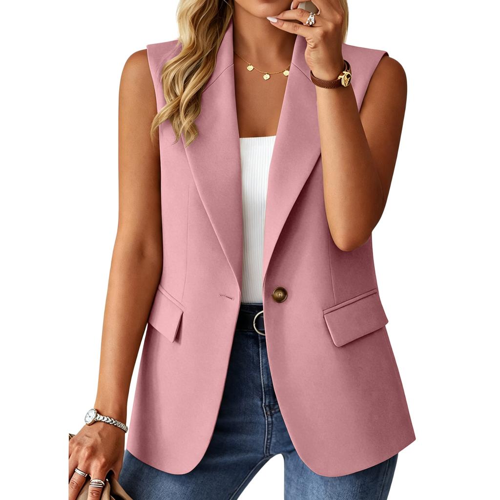 Γυναικείο Business Casual Αεριζόμενο Αμάνικο Γιλέκο-Μπλέιζερ Μονόχρωμο με Πιέτα και Ανοιχτό Μπροστινό Μέρος Κατάλληλο για Γραφείο και Καθημερινή Χρήση