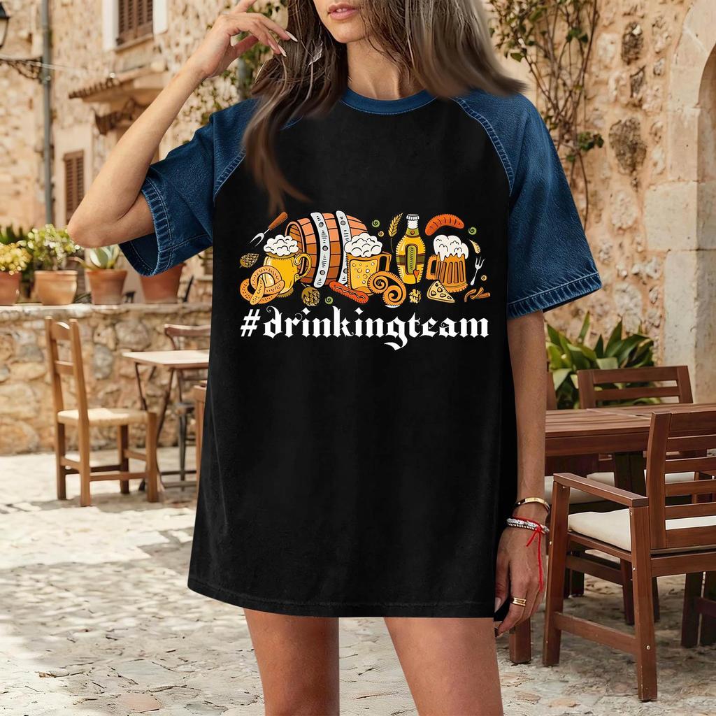 Casual Women Denim Patchwork Oktoberfest Graphic Print Short Sleeve T Shirt Comfortable Loose Fit Summer Top