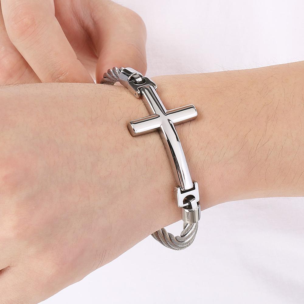 Bracciale a Croce per Uomini Adolescenti Catena a Maglie in Acciaio Inossidabile Braccialetto Larghezza 6MM Cristiano Religioso Gesù Confermazione Gioielli Regali
