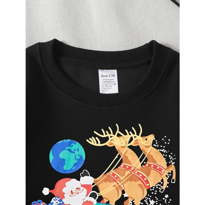 European sizes Santa Claus Reindeer Sleigh Christmas Stars Globe Girls' Crew Neck Sweatshirt, Autumn Winter Western Top.