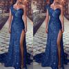 Vestido de Noite Longo Sexy Feminino com Gola Halter e Uma Alça, com Folha Dourada, Fenda Sem Mangas, Cintura com Lantejoulas e Cauda para Banquete - Vestido de Madrinha