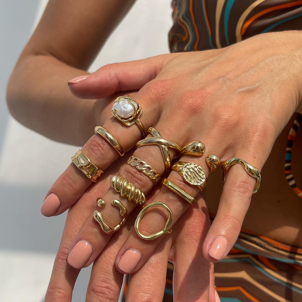 Ingemark 12Pcs/Set Creative Water Drop Wave Open Rings Women Trend 2026 Vintage Geometric Adjustable Finger Ring Daily Jewelry