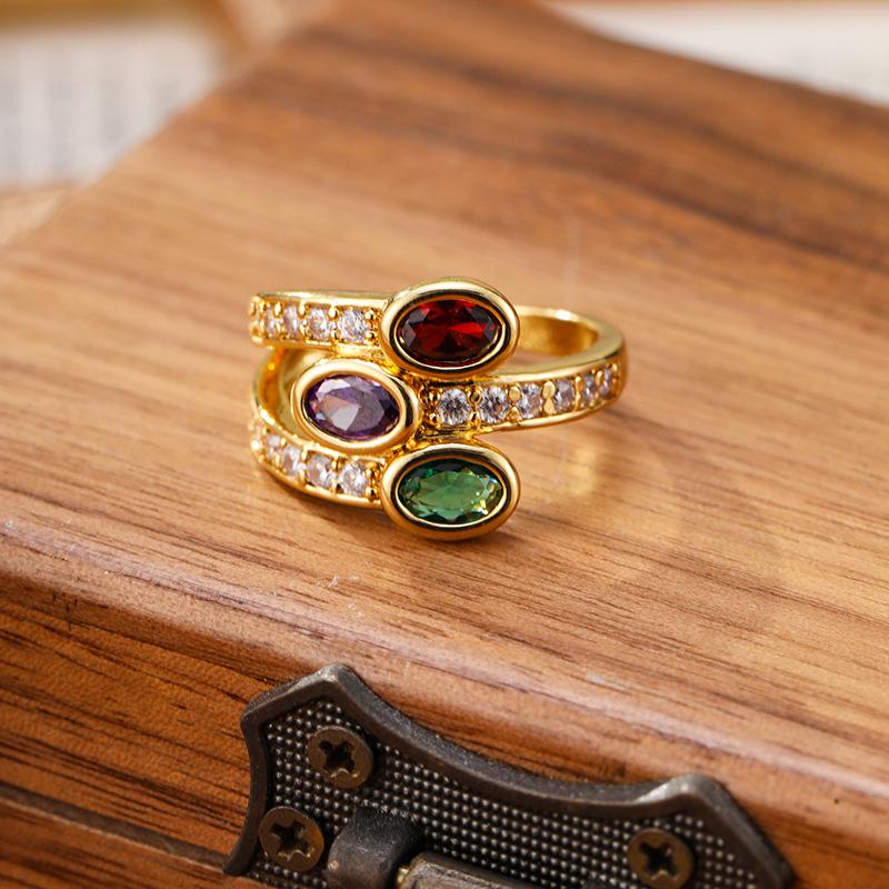 Copper-Plated Gold-Tone Zircon Gem Vintage Adjustable Women's Ring