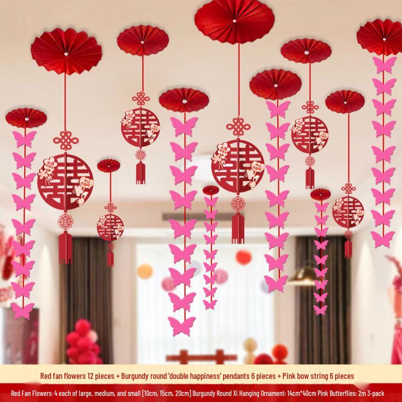 Double Happiness Wedding Hanging Decorations for Living Room, Bride's Bedroom, and Groom's Master Bedroom
