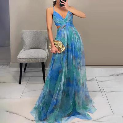 Women's Spaghetti Strap Maxi Dress Floral Boho Deep V-Neck Hollow Out Mesh Pleated Dress Summer Beach Party Swing Long Dress
