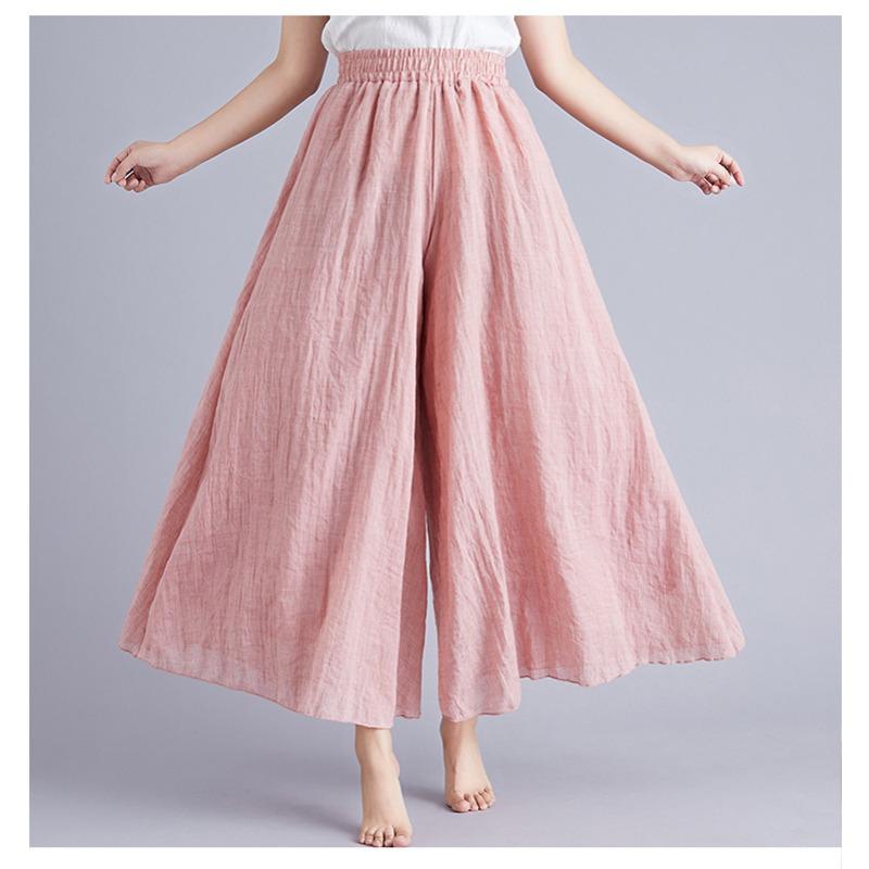 Summer Women's Trousers Artistic Large Size Cotton and Linen Wide-leg Trouser Skirt Linen Skirt Elastic Waist Solid Color Ethnic Style Trouser Skirt