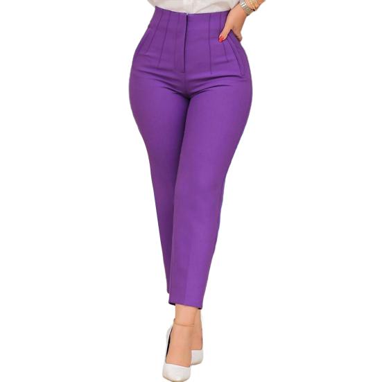 Women Pencil Pants Solid Color High Waist Straight Leg Fit Long Trousers