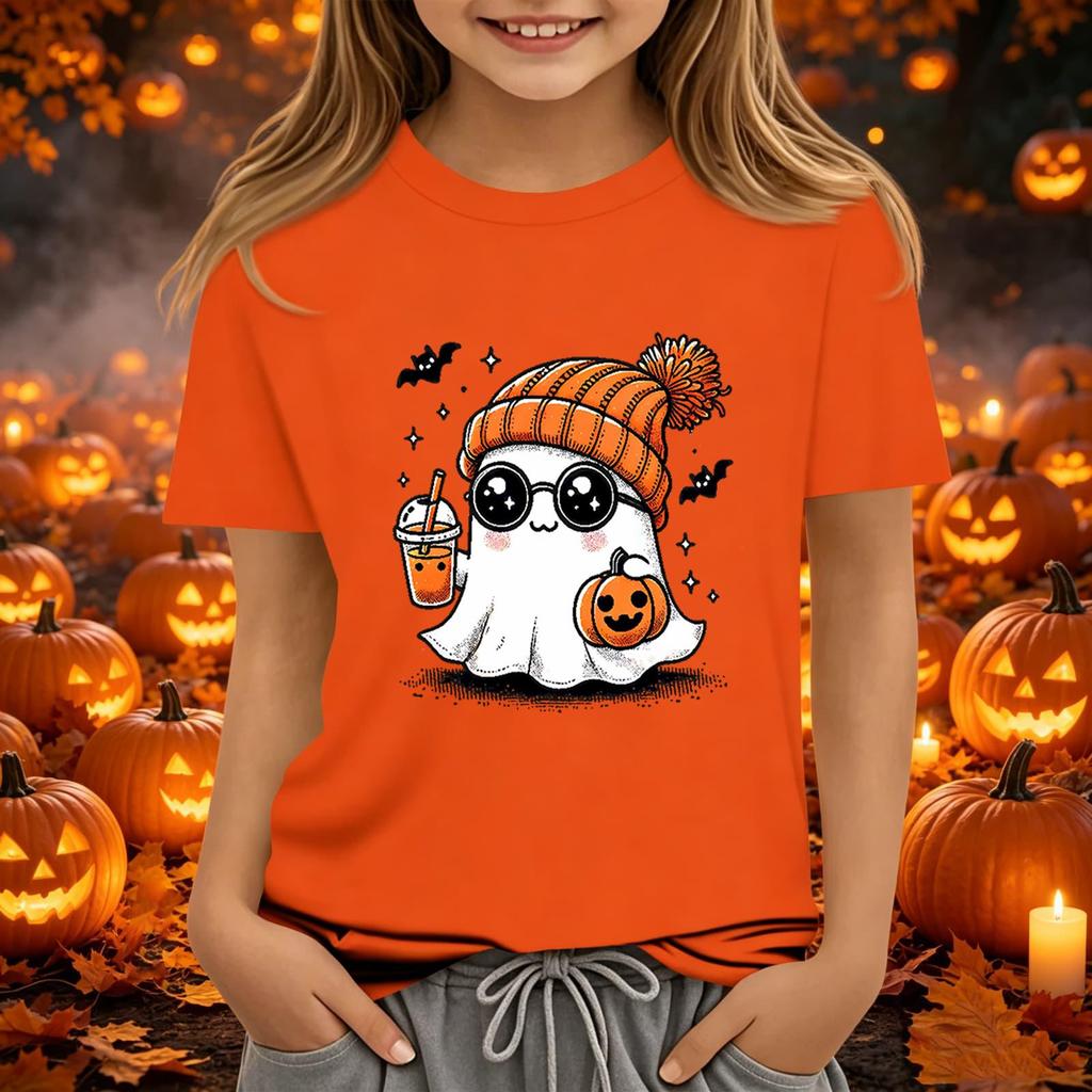 Kids Halloween Printed Short Sleeve T-Shirt, Round Neck Loose Fit Top for Boys Girls Casual Wear
