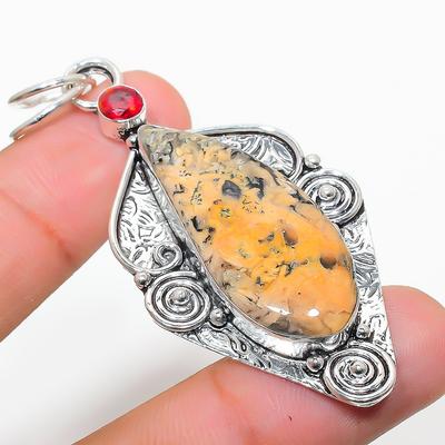 Natural Dendrite Opal, Garnet Gemstone 925 Sterling Silver Pendant 2.64" L9L52