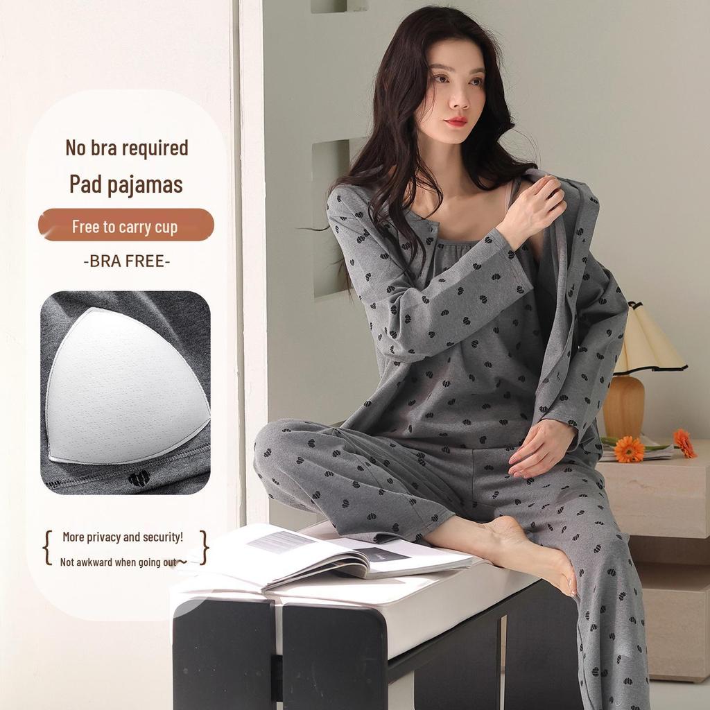 Women's Three-Piece Cotton Pajama Set: Spring Fashion, Printed, Comfortable, Breathable, with Chest Pads, Skin-Friendly.
