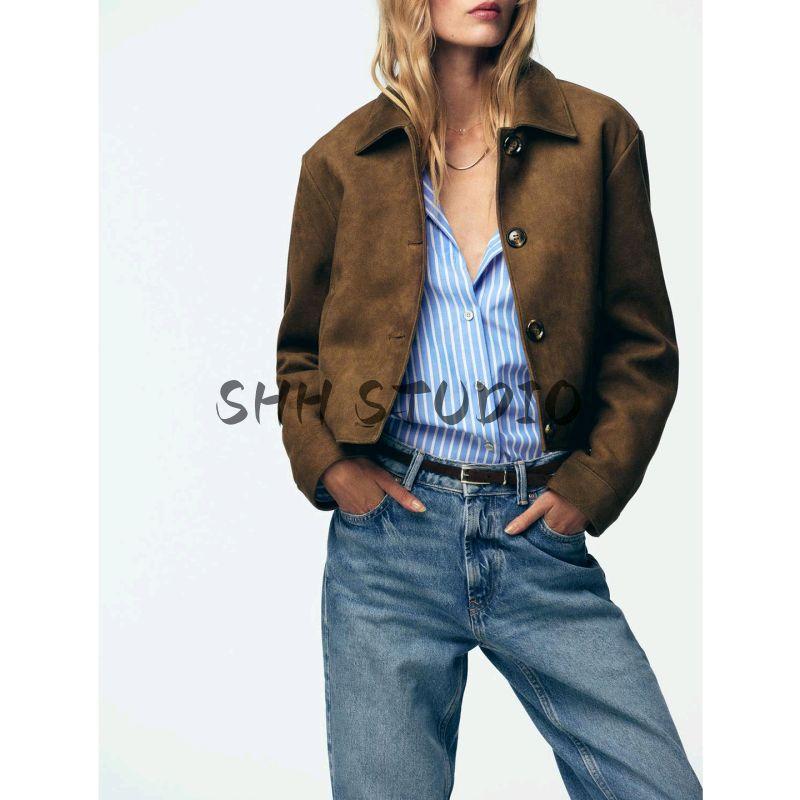 Fall New Women's Clothing French Lapel Long Sleeves Short Suede Texture Effect Jacket Outwear 8372286