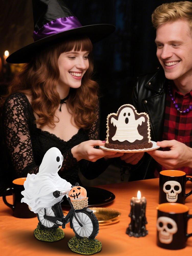 Ghost Figurine Halloween ghost riding a bicycle ornaments ghost resin crafts Halloween Figurine Seasonal Desk Display Ornaments