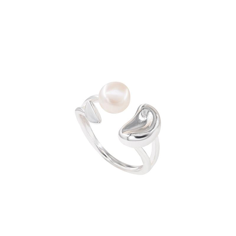 Adjustable Sophisticated Womens Pearl Open Ring Modern Geometric Copper Jewelry Hand