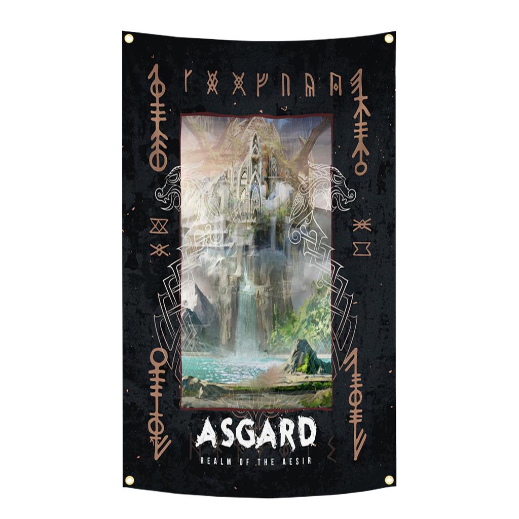 90X150Cm Norse Mythology Flag Mjolnir Yggdrasil World Tree Tapestry Polyester Digital Printing Banner Garage Wall Art Decoration